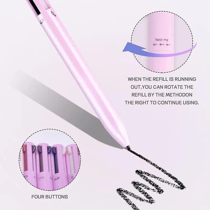 Multifunctional 4 In 1 Cosmetics Ballpoint Pen Eyebrow Pencil Revolving Waterproof And Long-lasting Four Core Makeup Tool